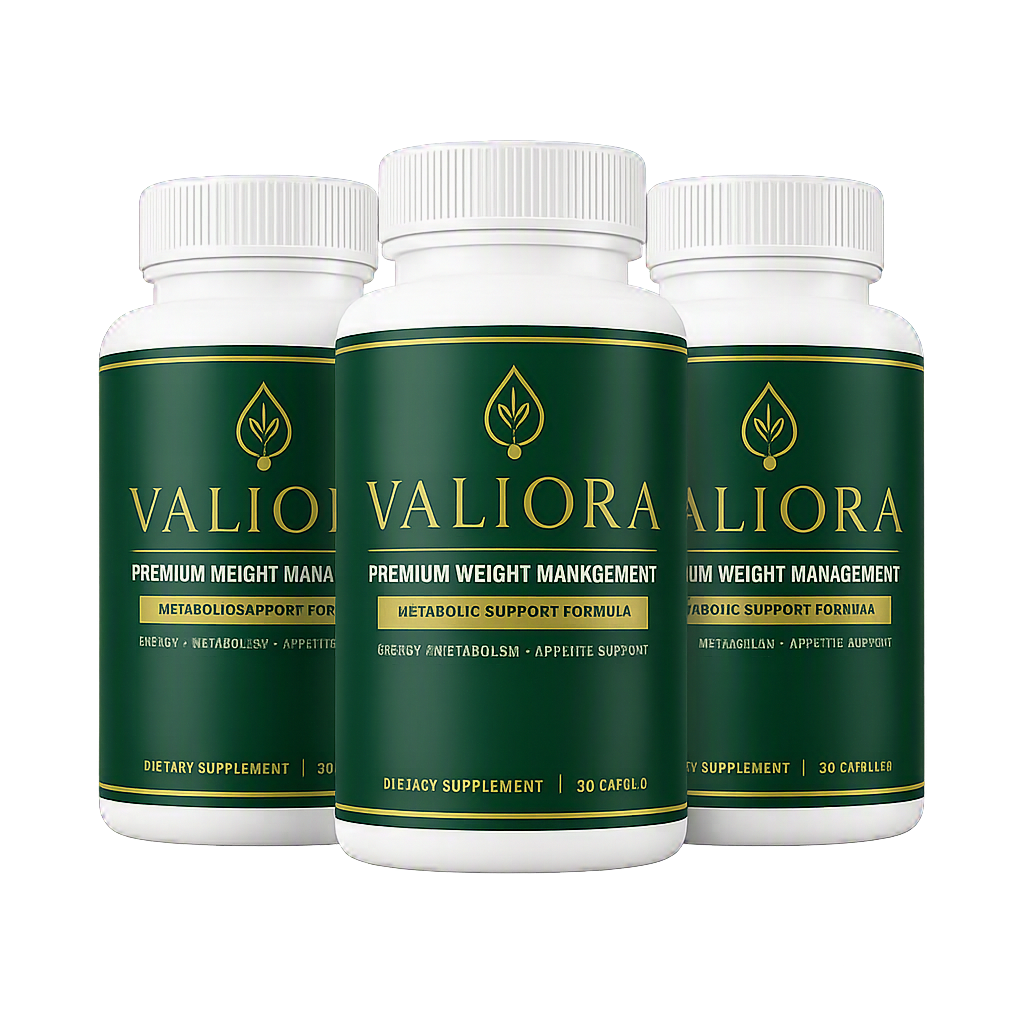 Valiora official website — three bottles of Valiora Premium Weight Management metabolic support formula, 30 capsules each